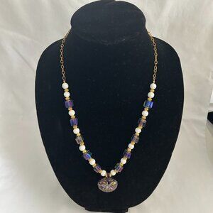 Handmade necklace with crystal squares, round white, lilac glass flowery pendant